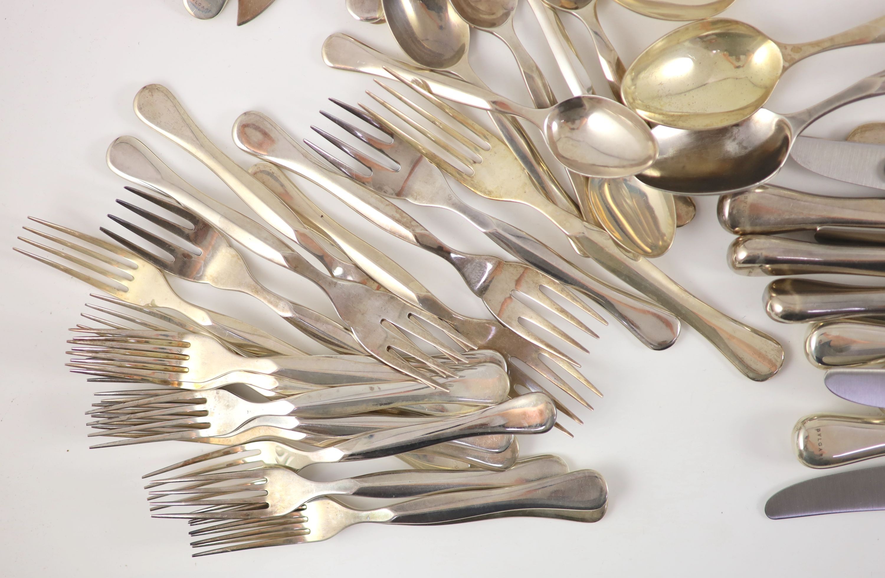A modern canteen of Italian Eccentrica pattern by Rosenthal for Bulgari 925 sterling cutlery for twelve